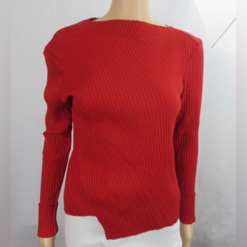Rag and Bone red ribbed long sleeve asymmetrical neck/hem sweater.